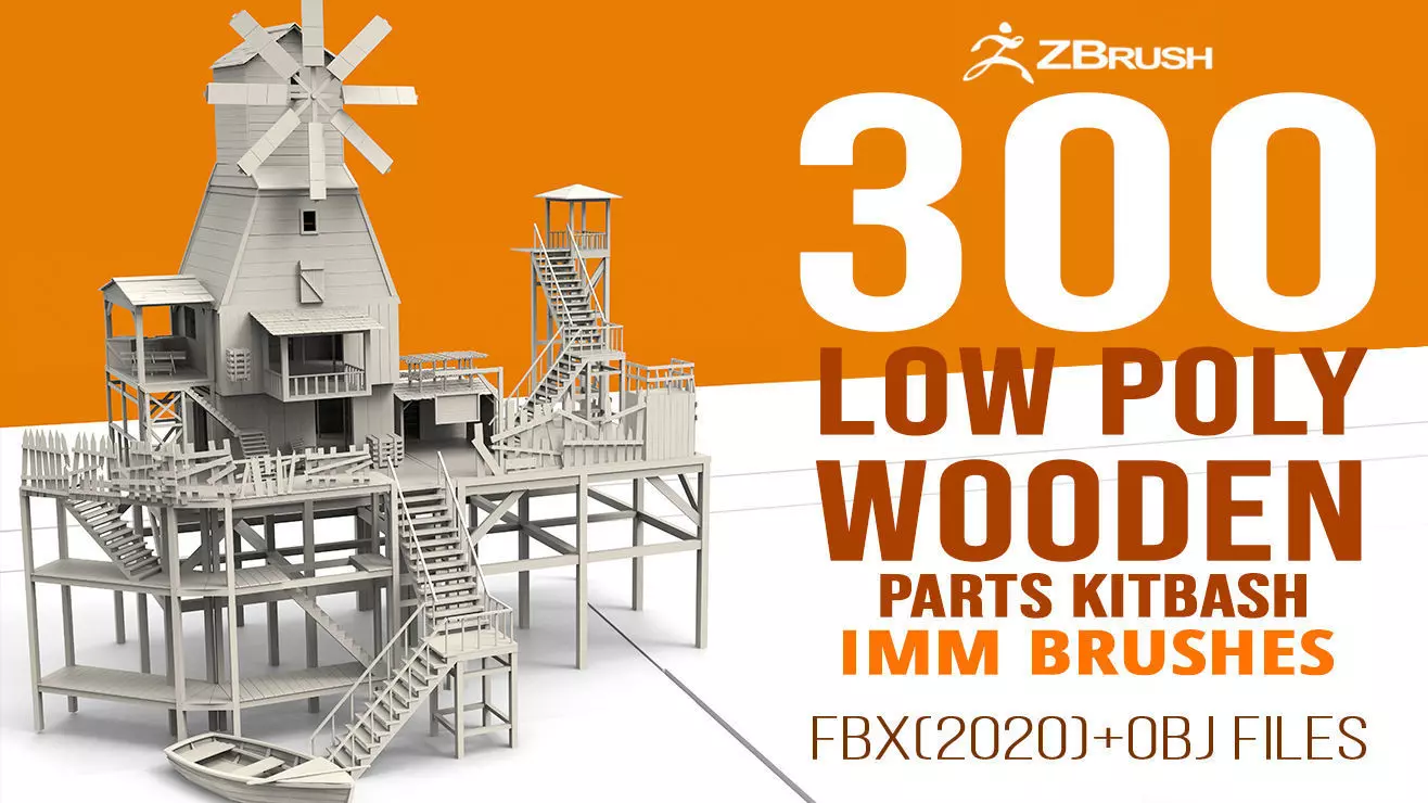 300 Low poly wooden shed house parts kitbash Zbrush IMM 3D model_0