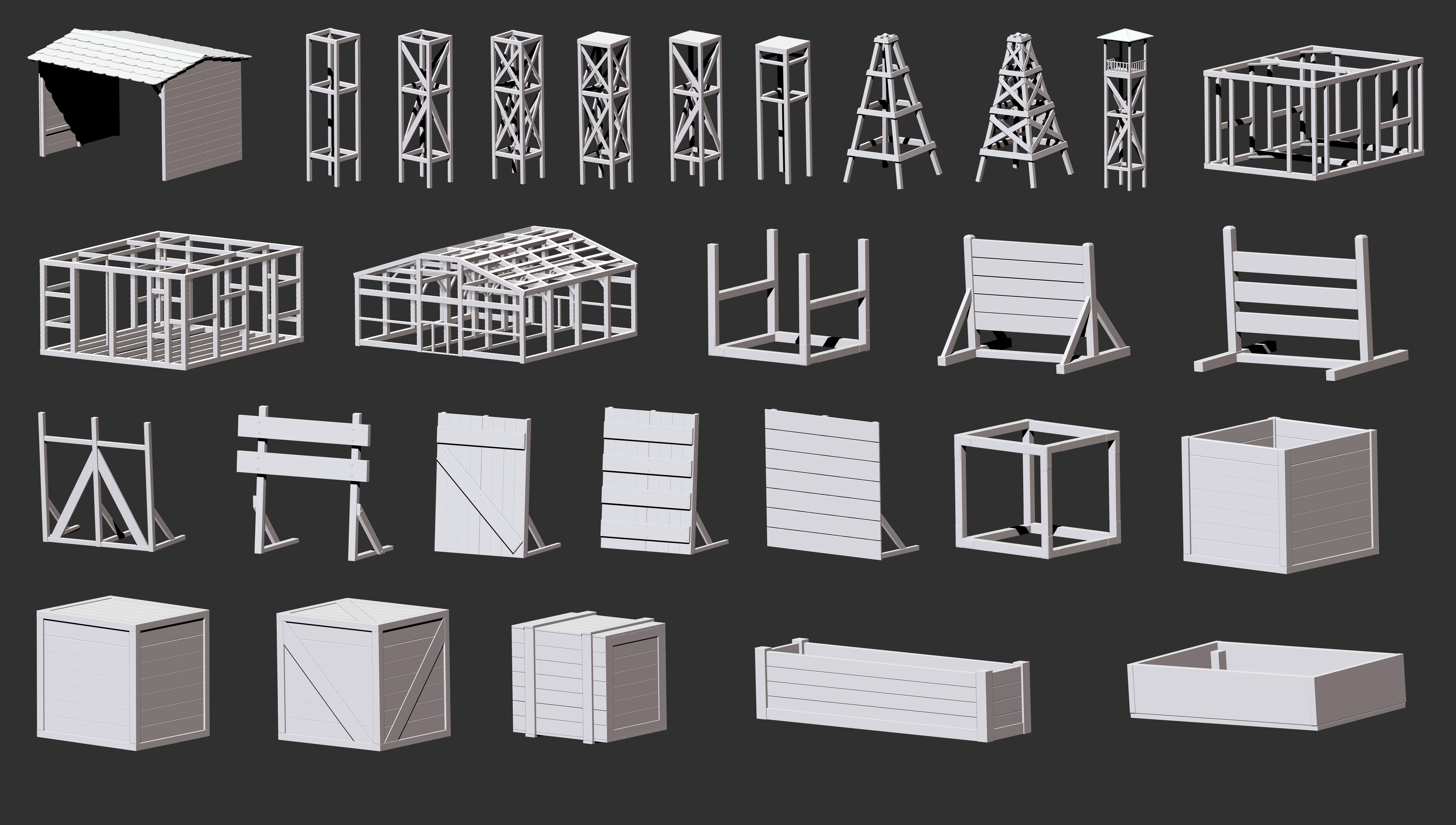 300 Low poly wooden shed house parts kitbash Zbrush IMM 3D model_10