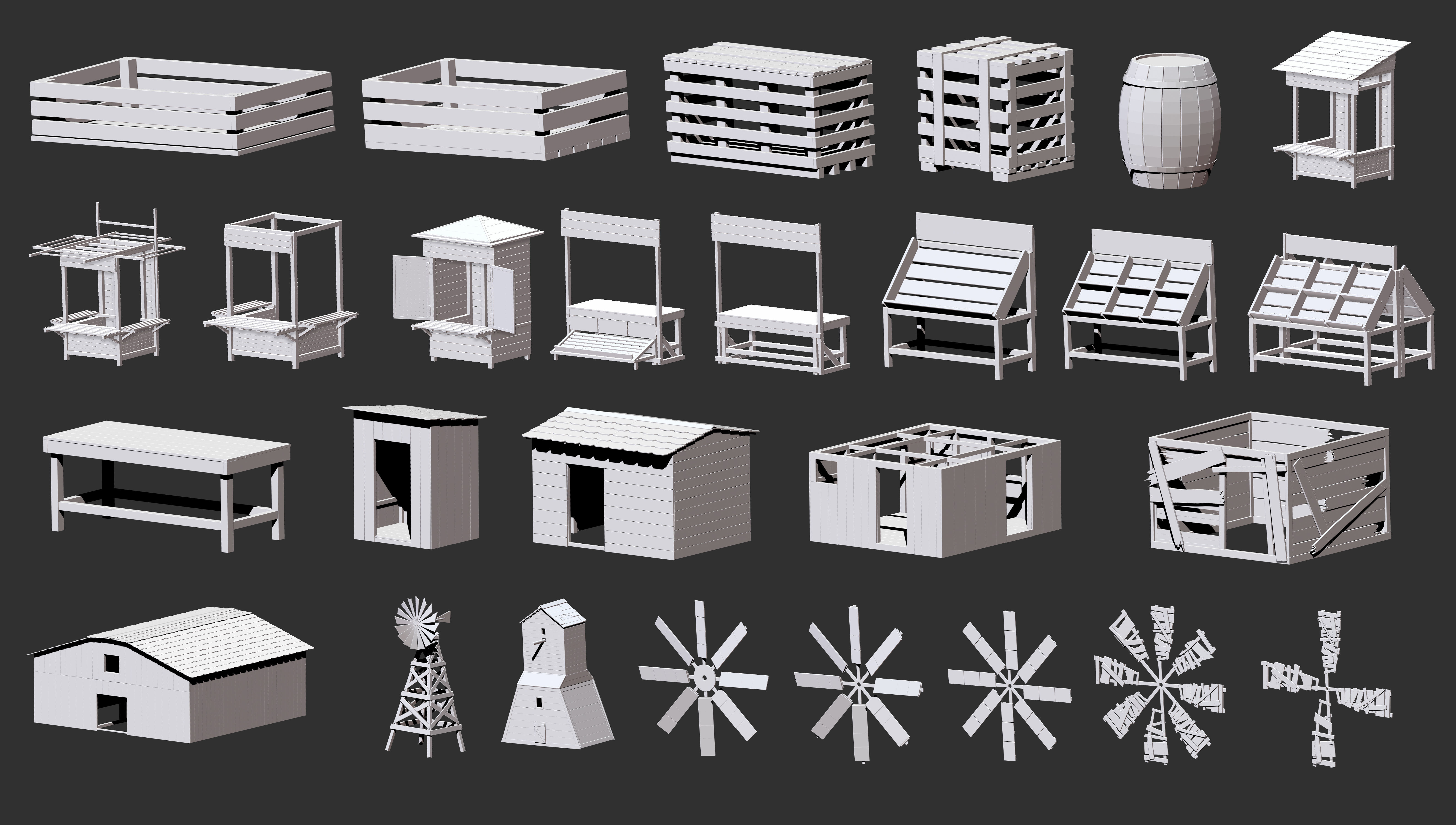 300 Low poly wooden shed house parts kitbash Zbrush IMM 3D model_11