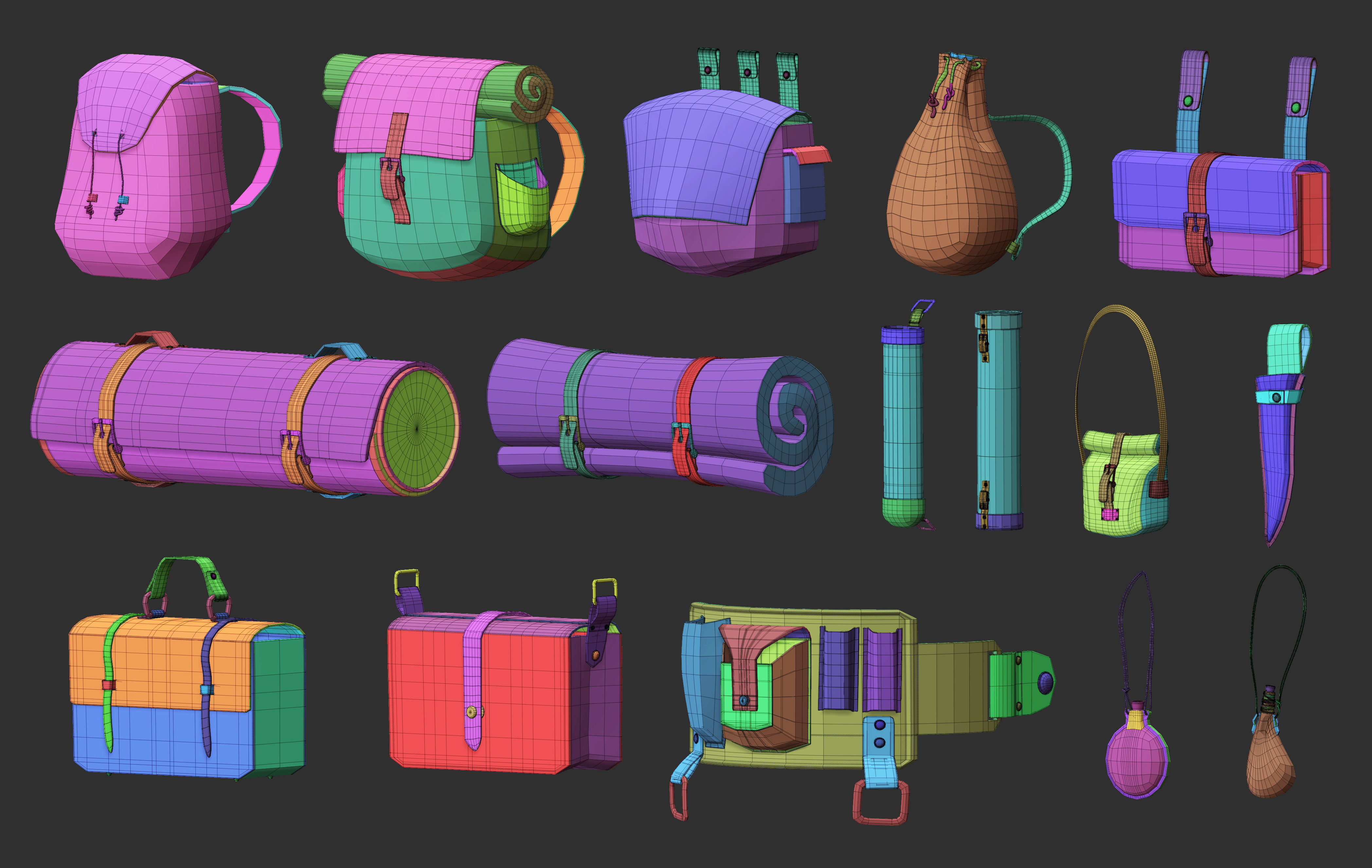 35 Low poly bags backpacks and pouches base mesh Zbrush IMM set 3D model_4