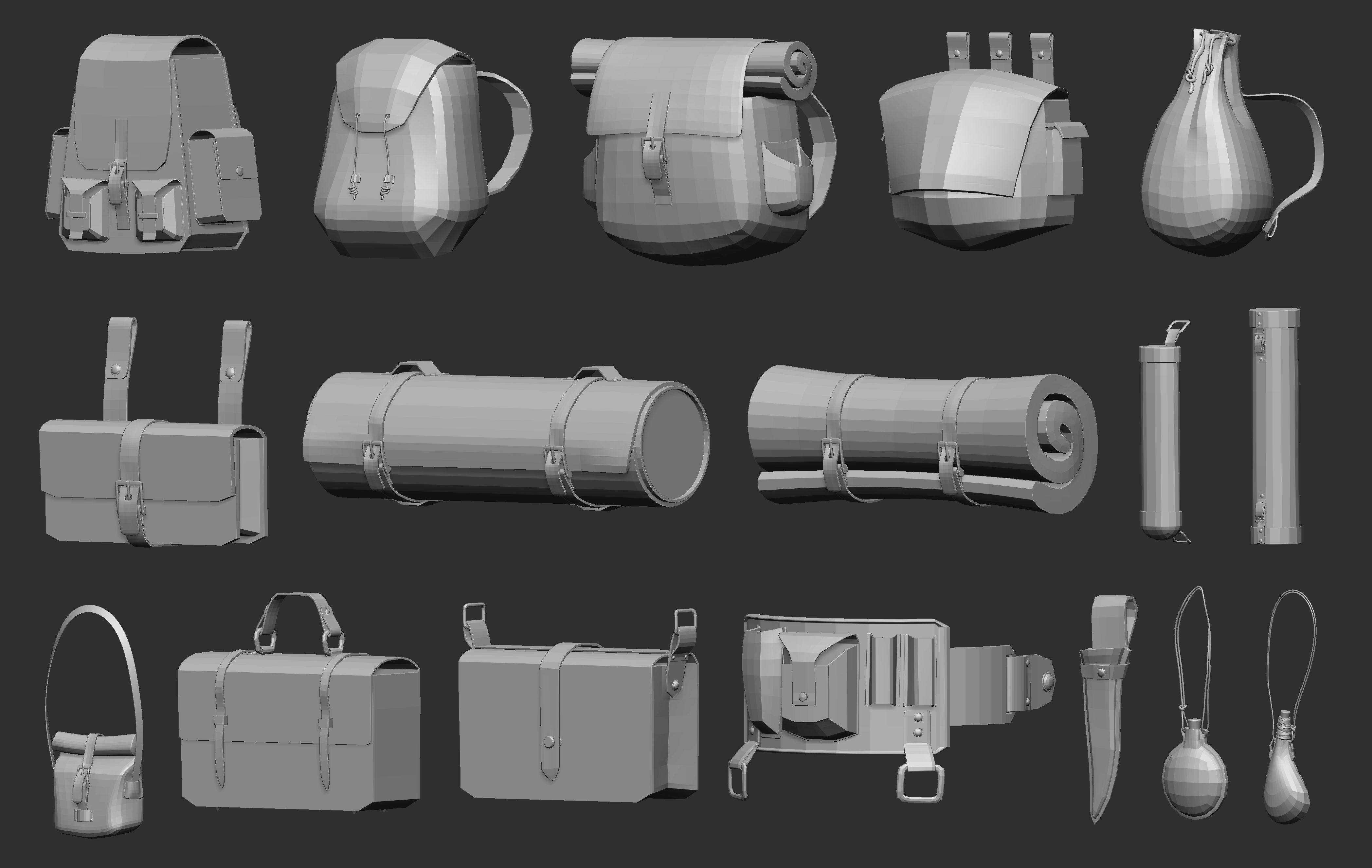 35 Low poly bags backpacks and pouches base mesh Zbrush IMM set 3D model_2