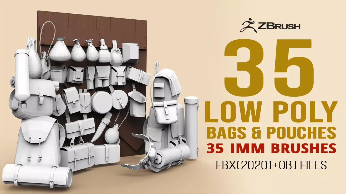 35 Low poly bags backpacks and pouches base mesh Zbrush IMM set 3D model_0