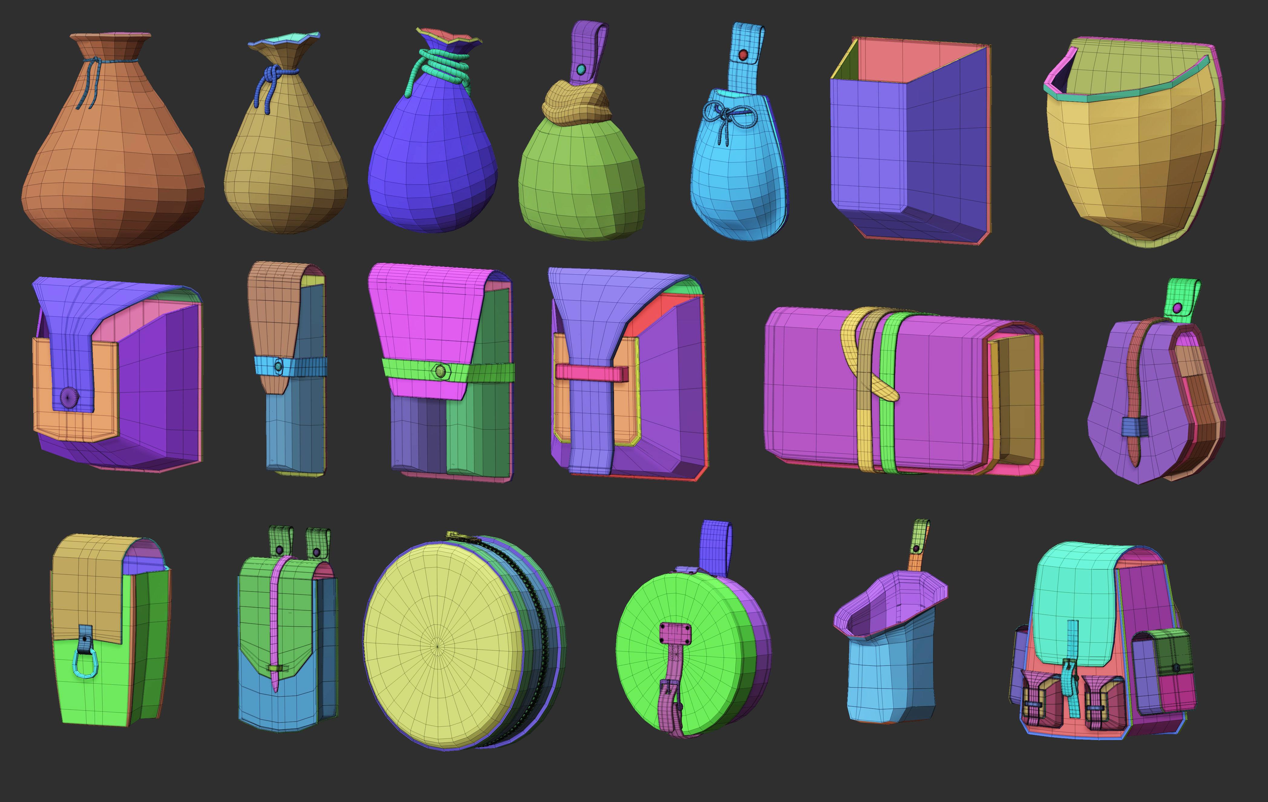 35 Low poly bags backpacks and pouches base mesh Zbrush IMM set 3D model_3