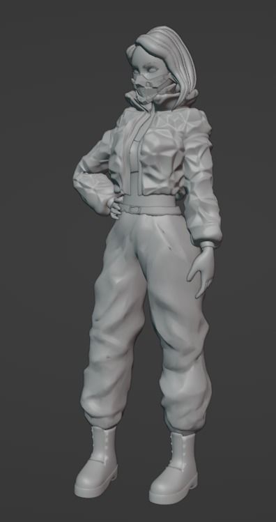 Kiber-pank woman in jacket and pants 3D model_1