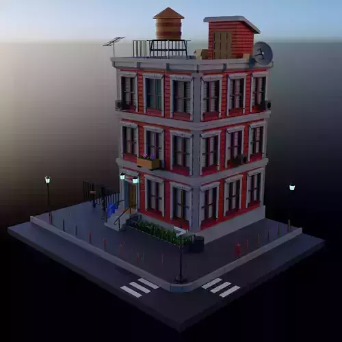 Cartoon building with decoration and street details PBR low-poly
