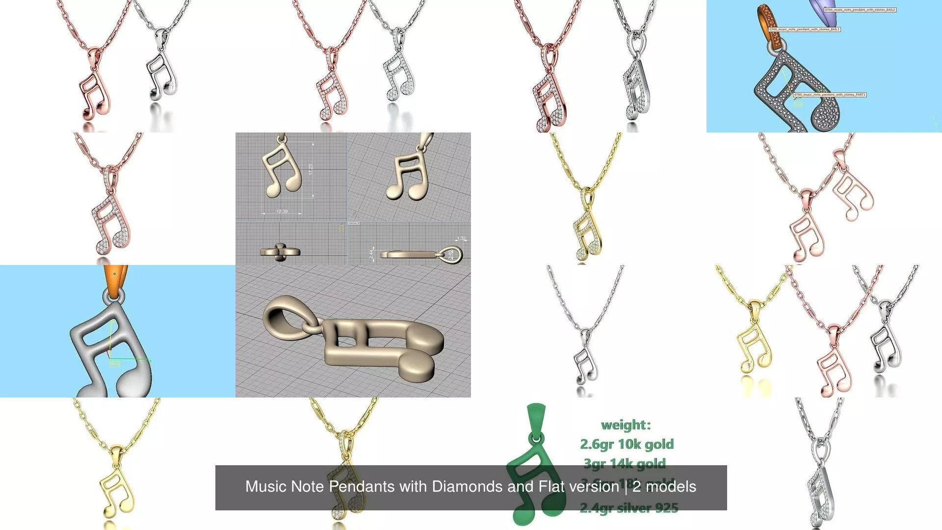 Music Note Pendants with Diamonds and Flat version 3D Model Collection_1
