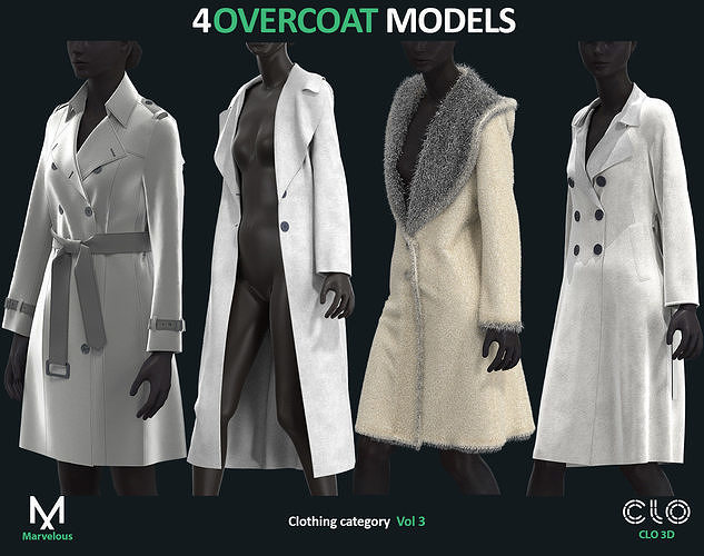 4 OVERCOAT MODEL - Marvelous clo3d zprj obj fbx four for sims 3D model