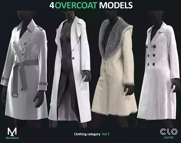 4 OVERCOAT MODEL - Marvelous clo3d zprj obj fbx four for sims 3D model