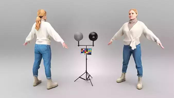 Woman in sweater and jeans in A-pose 386 Low-poly 3D model