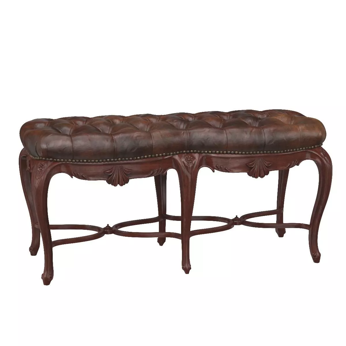 French Leather Tufted Bench C 1900s 3D model