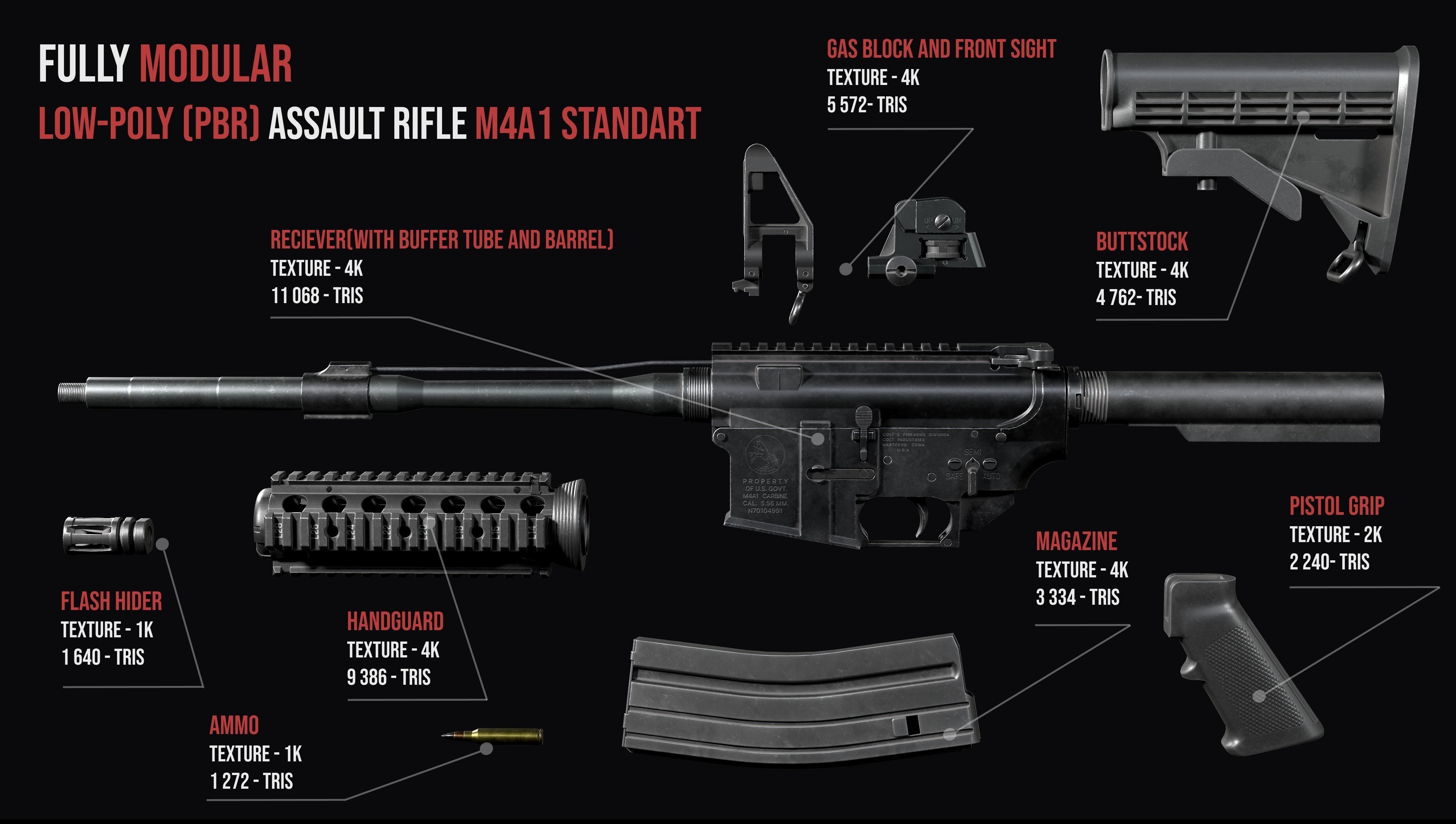 Modular Assault rifle Colt standart M4A1 Low-poly 3D model_3