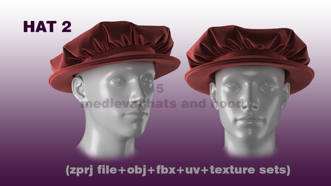 5 medieval hats and hoods  3D model_2