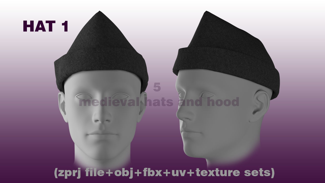 5 medieval hats and hoods  3D model_1