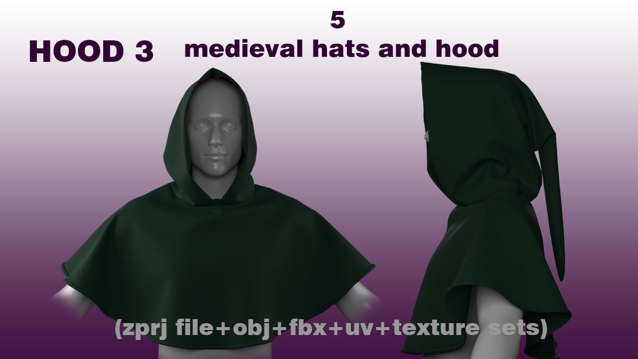 5 medieval hats and hoods  3D model_3