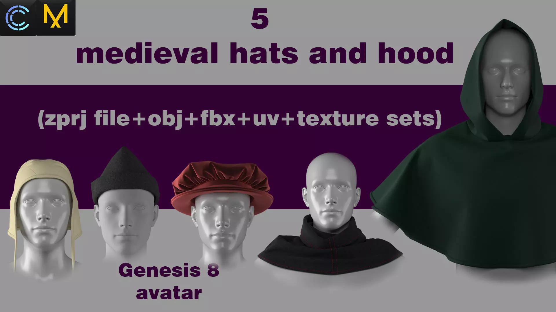 5 medieval hats and hoods  3D model_0