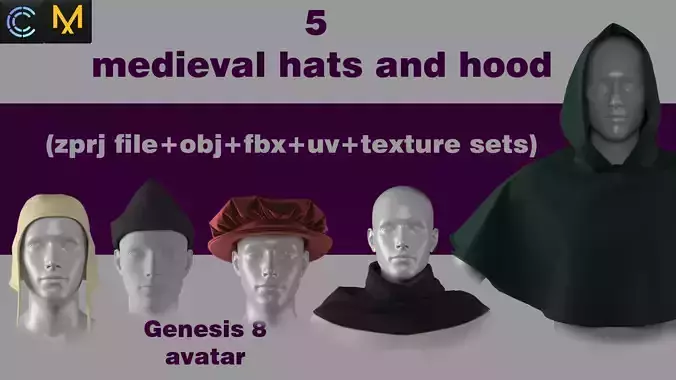 5 medieval hats and hoods  3D model