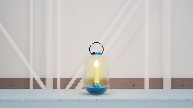 Candle Light Lantern with Multiple Parts on a Tiles Floor Low-poly 3D model