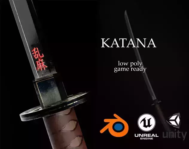 Katana with magic symbols hieroglyphs on blade gameready