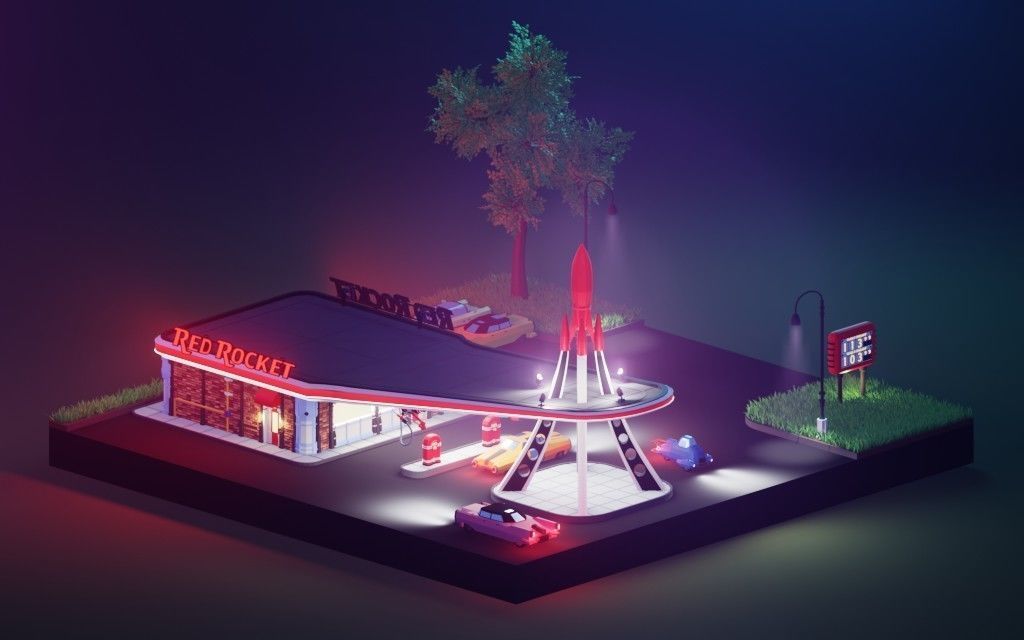 Low poly Red Rocket Station diorama Low-poly 3D model_1