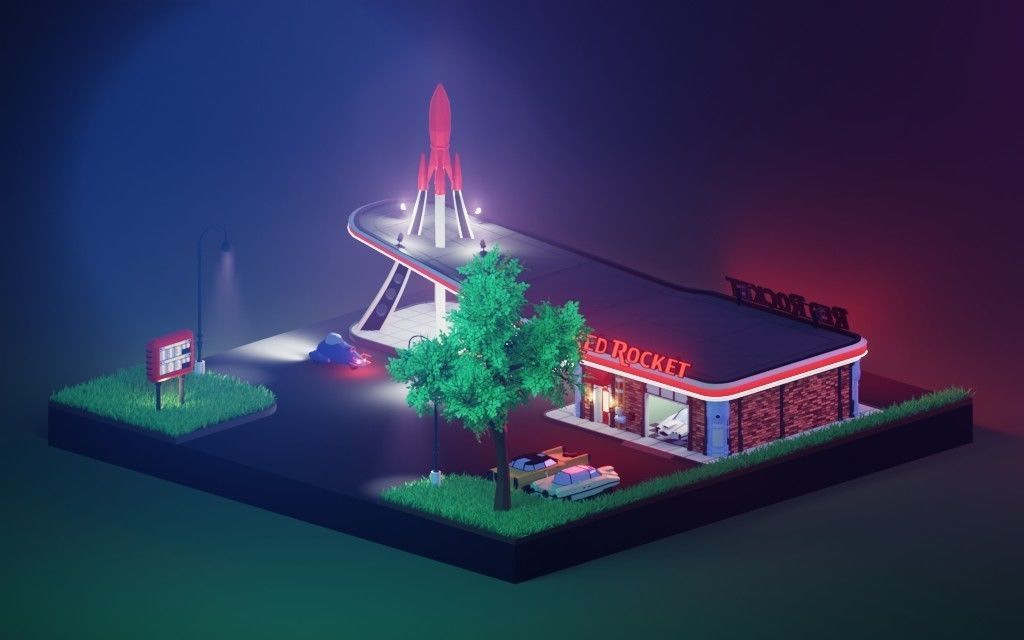 Low poly Red Rocket Station diorama Low-poly 3D model_3