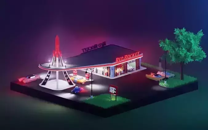 Low poly Red Rocket Station diorama