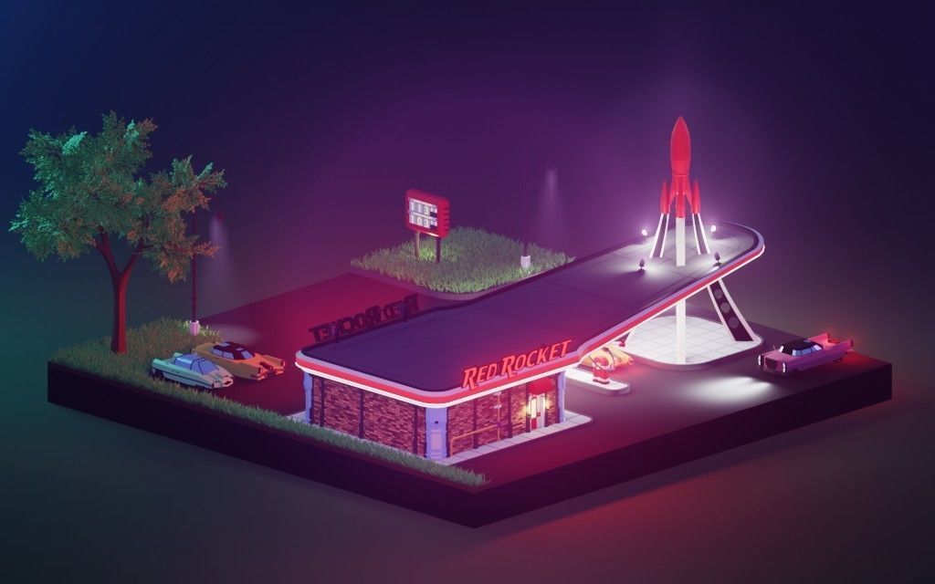 Low poly Red Rocket Station diorama Low-poly 3D model_2