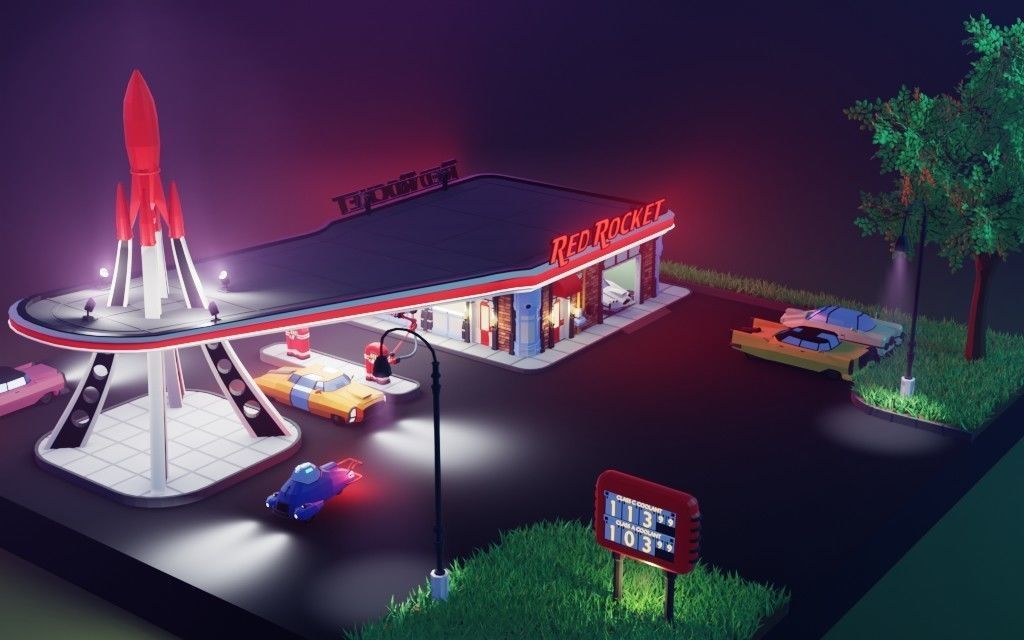 Low poly Red Rocket Station diorama Low-poly 3D model_4