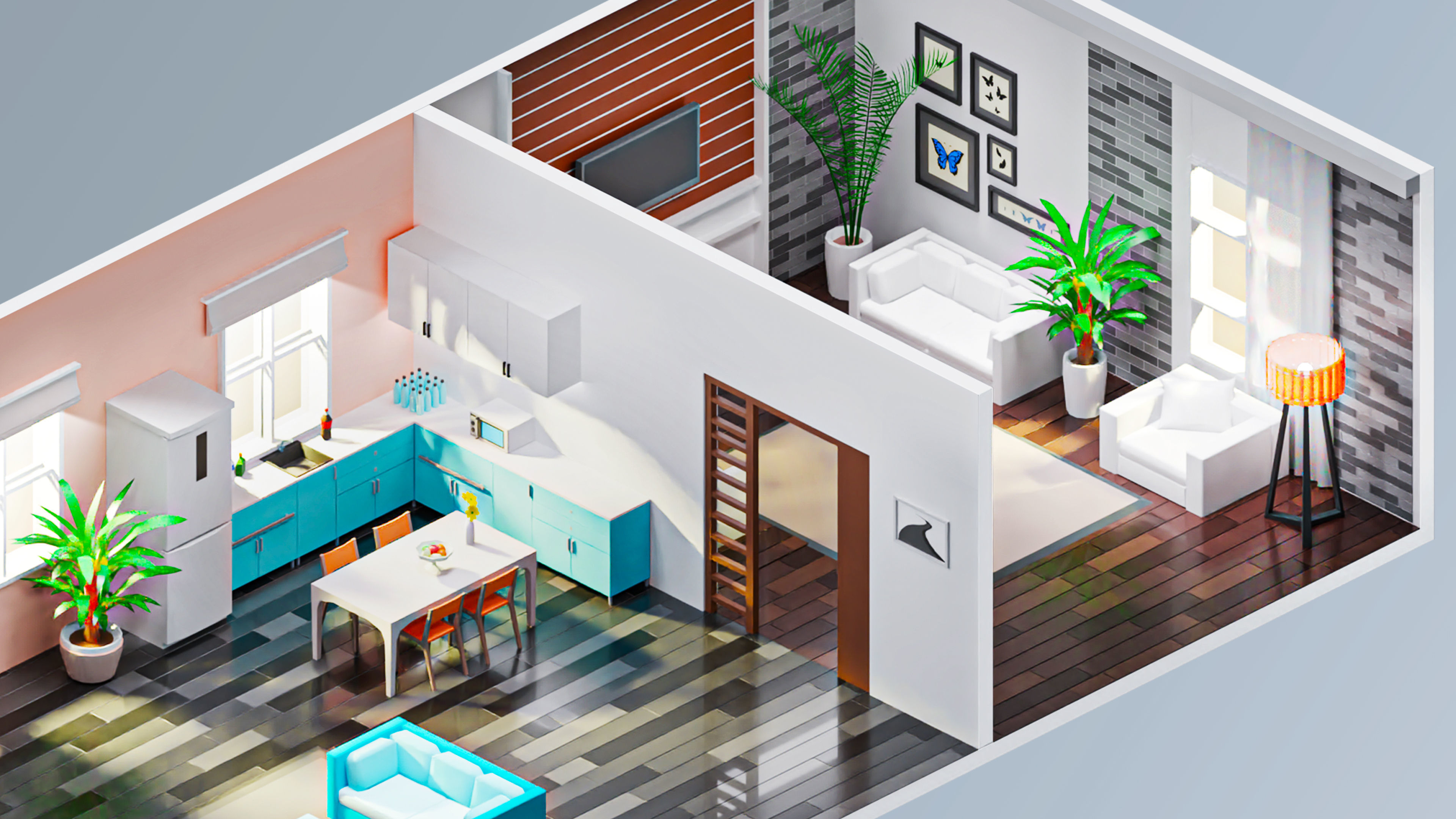 Room 1 living with furniture Low-poly 3D model_2