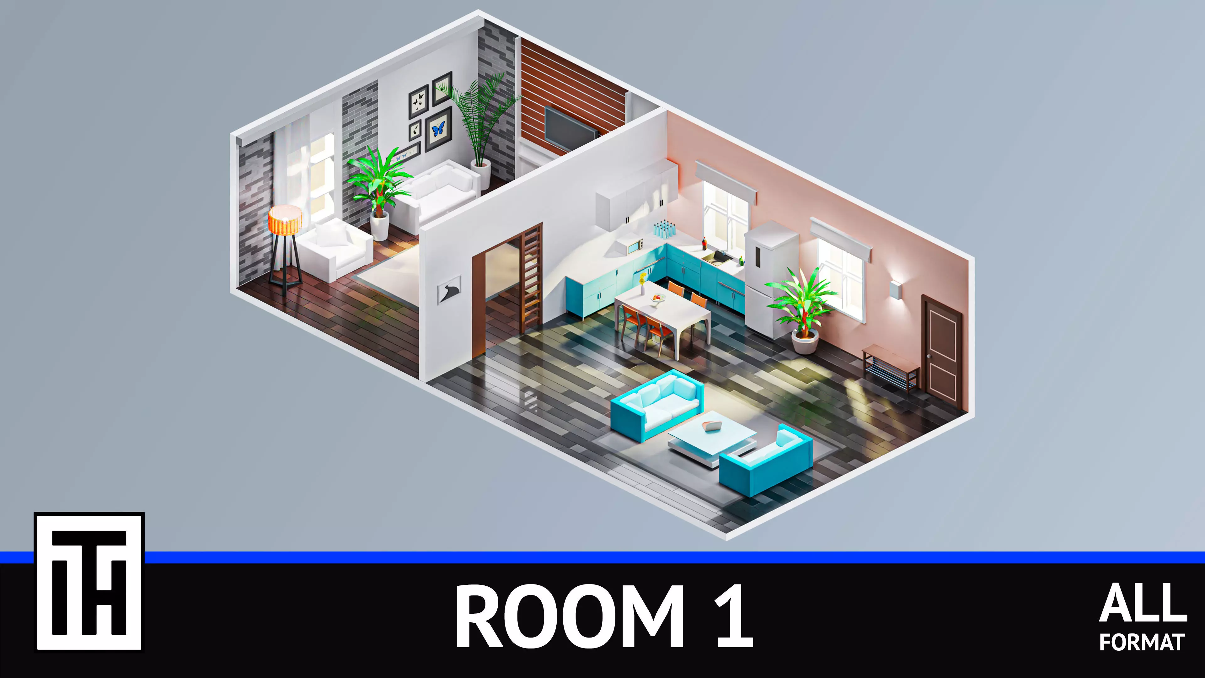 Room 1 living with furniture Low-poly 3D model_0