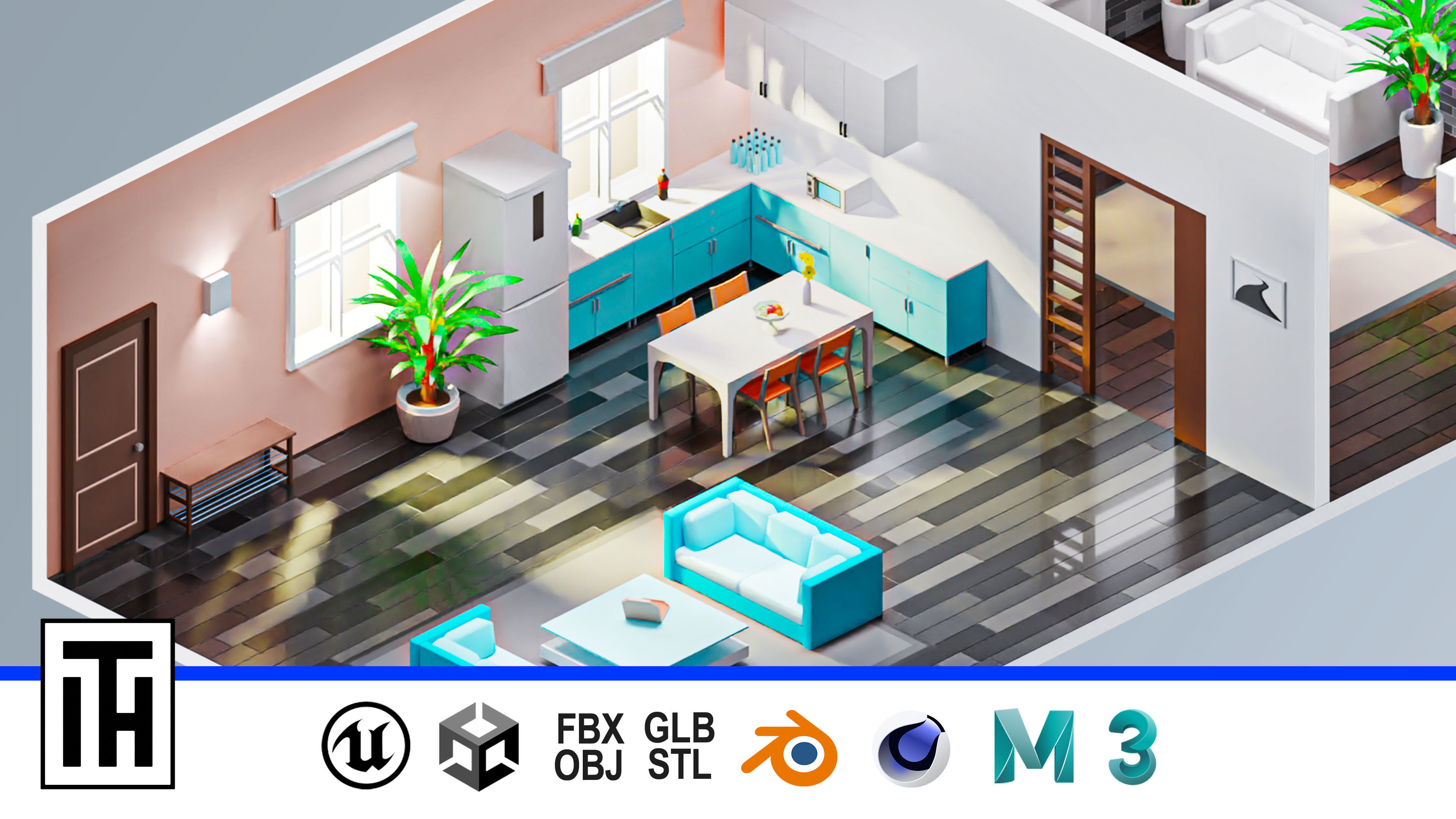 Room 1 living with furniture Low-poly 3D model_1