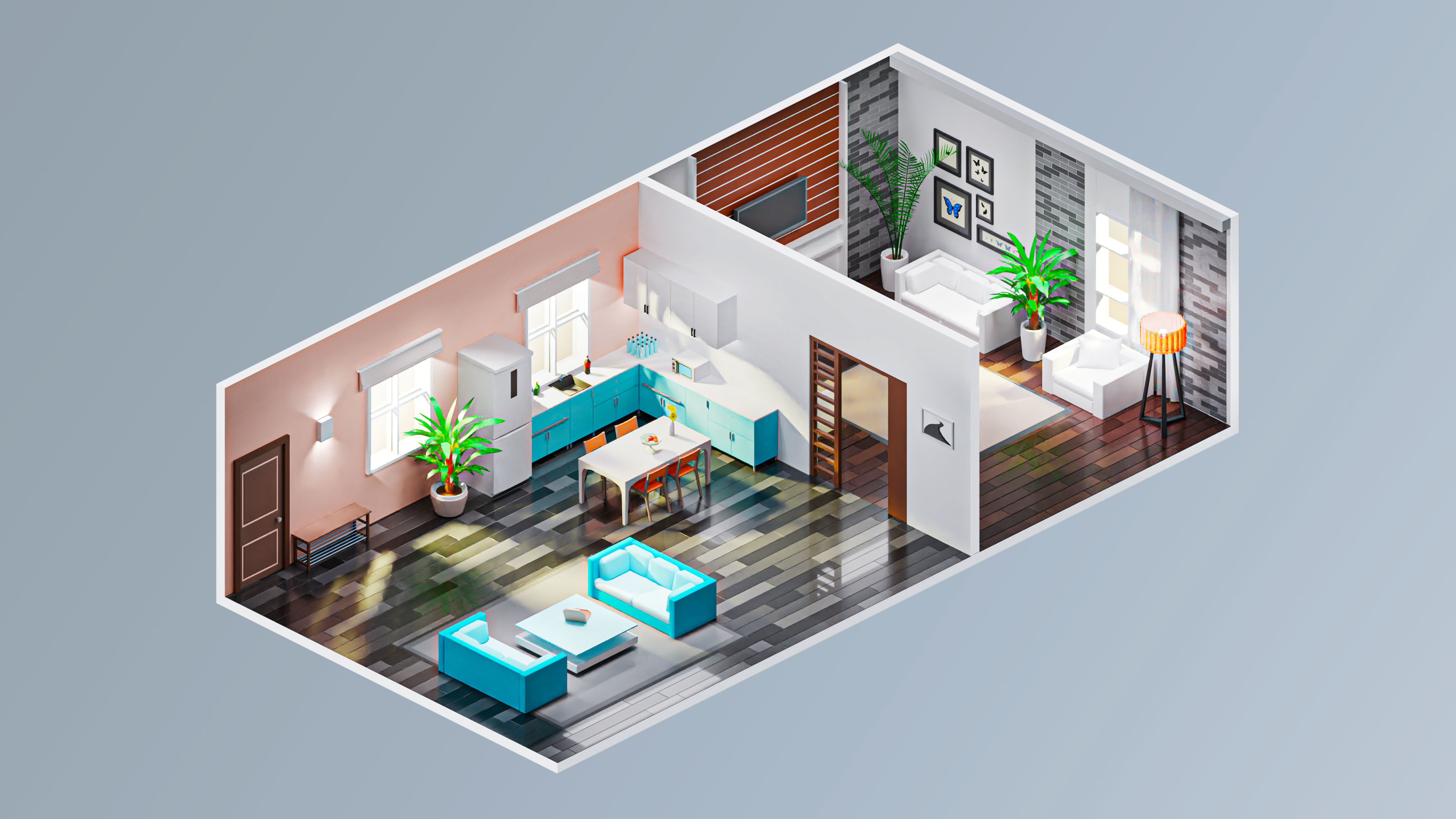 Room 1 living with furniture Low-poly 3D model_4