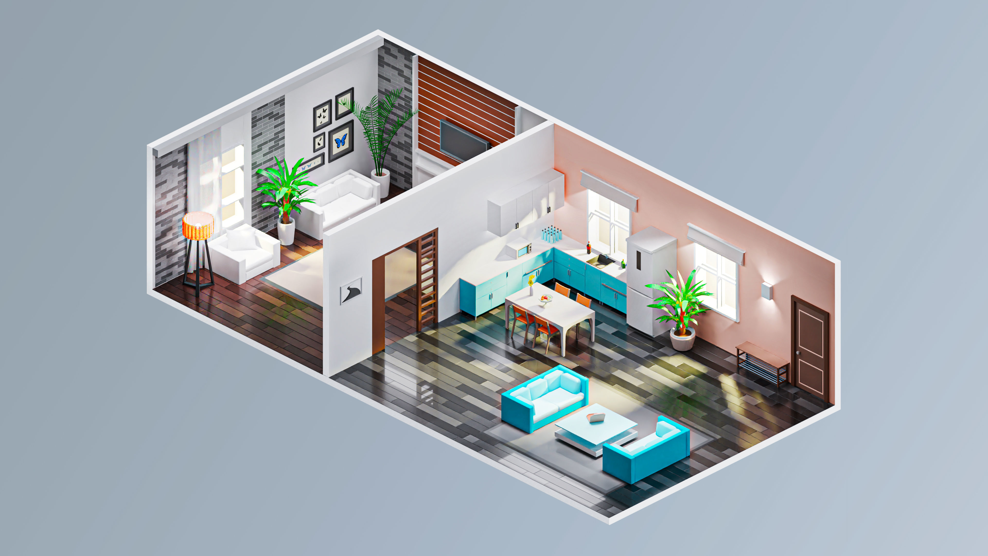 Room 1 living with furniture Low-poly 3D model_3