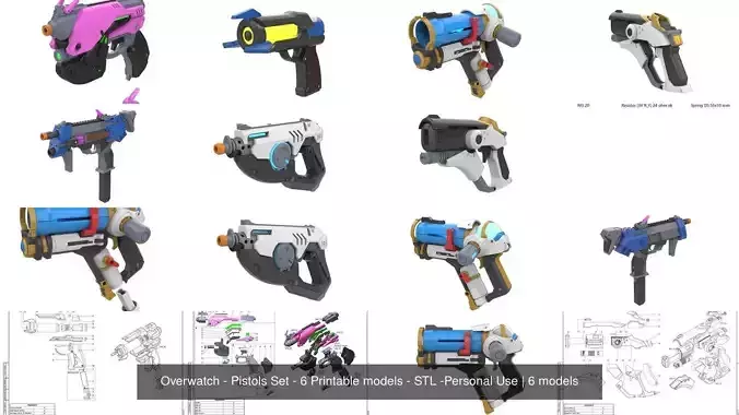 Overwatch - Pistols Set - 6 Printable models - STL -Personal Use 3D Model Collection