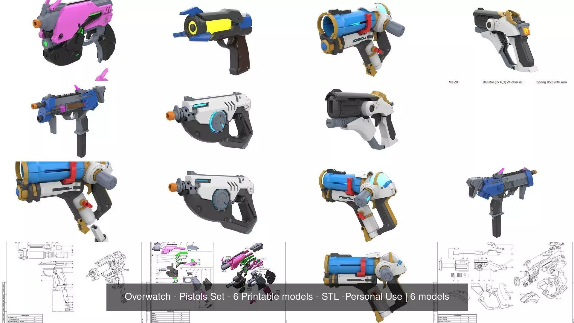 Overwatch - Pistols Set - 6 Printable models - STL -Personal Use 3D Model Pack