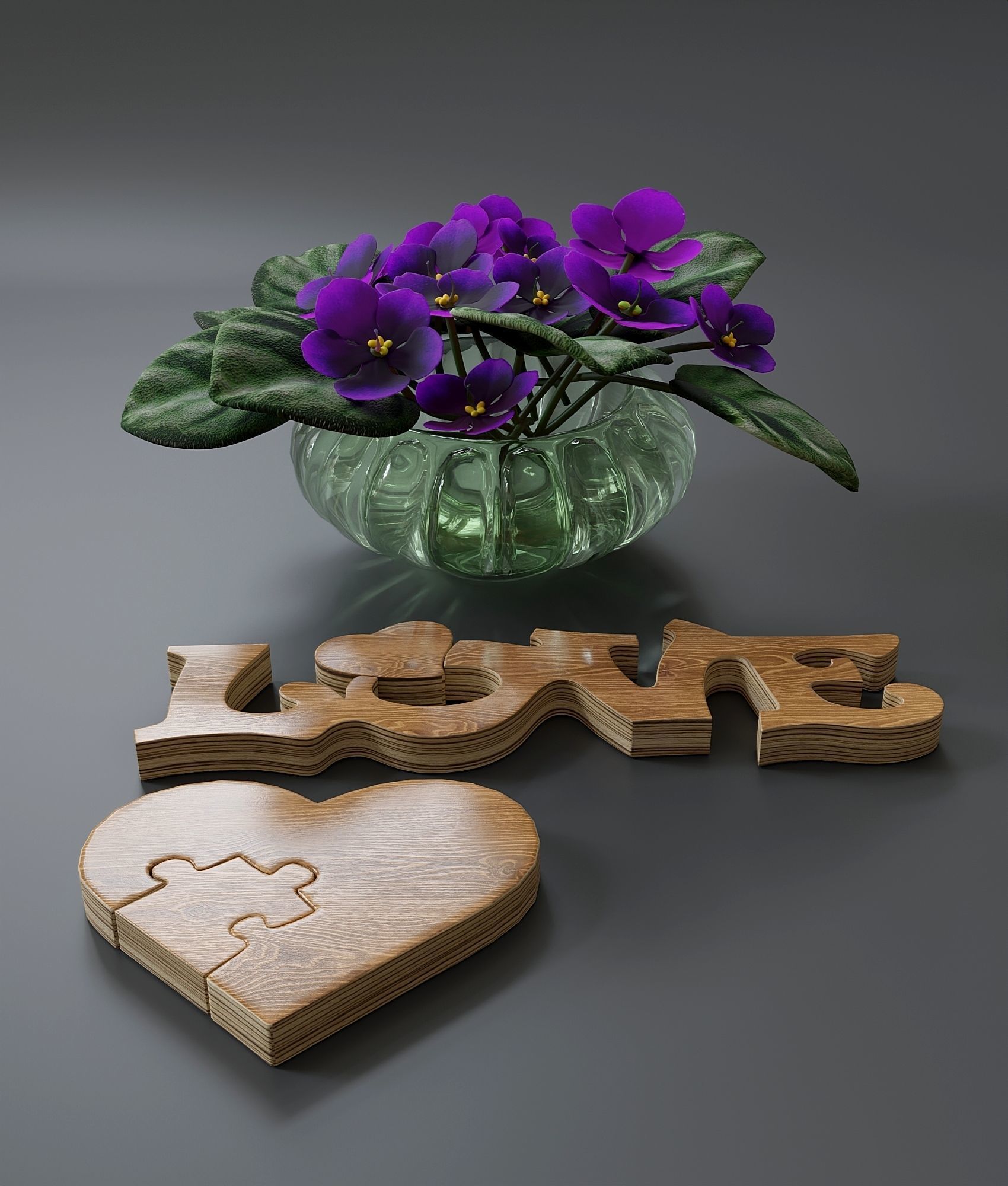 Violets in a glass vase 3D model_2