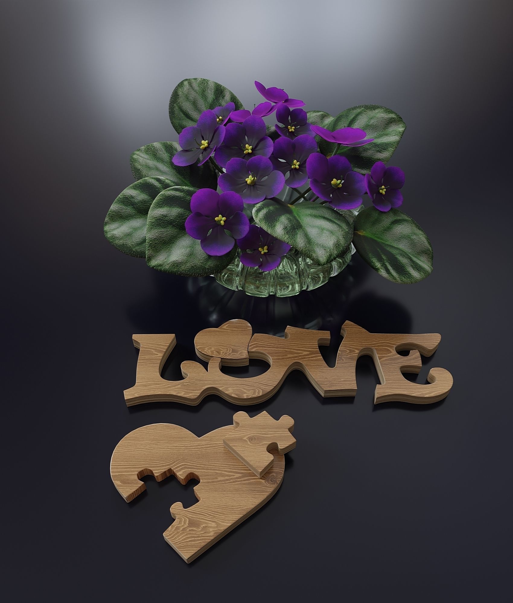 Violets in a glass vase 3D model_1