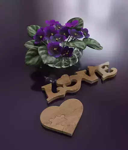 Violets in a glass vase 3D model
