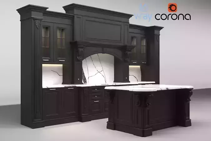 Black classic kitchen Neff with callacata stoneware 3D model