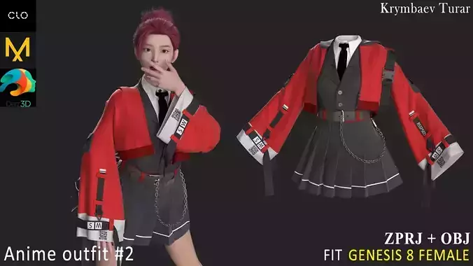Female anime outfit Nubmer 2 Marvelous Designer project 3D model