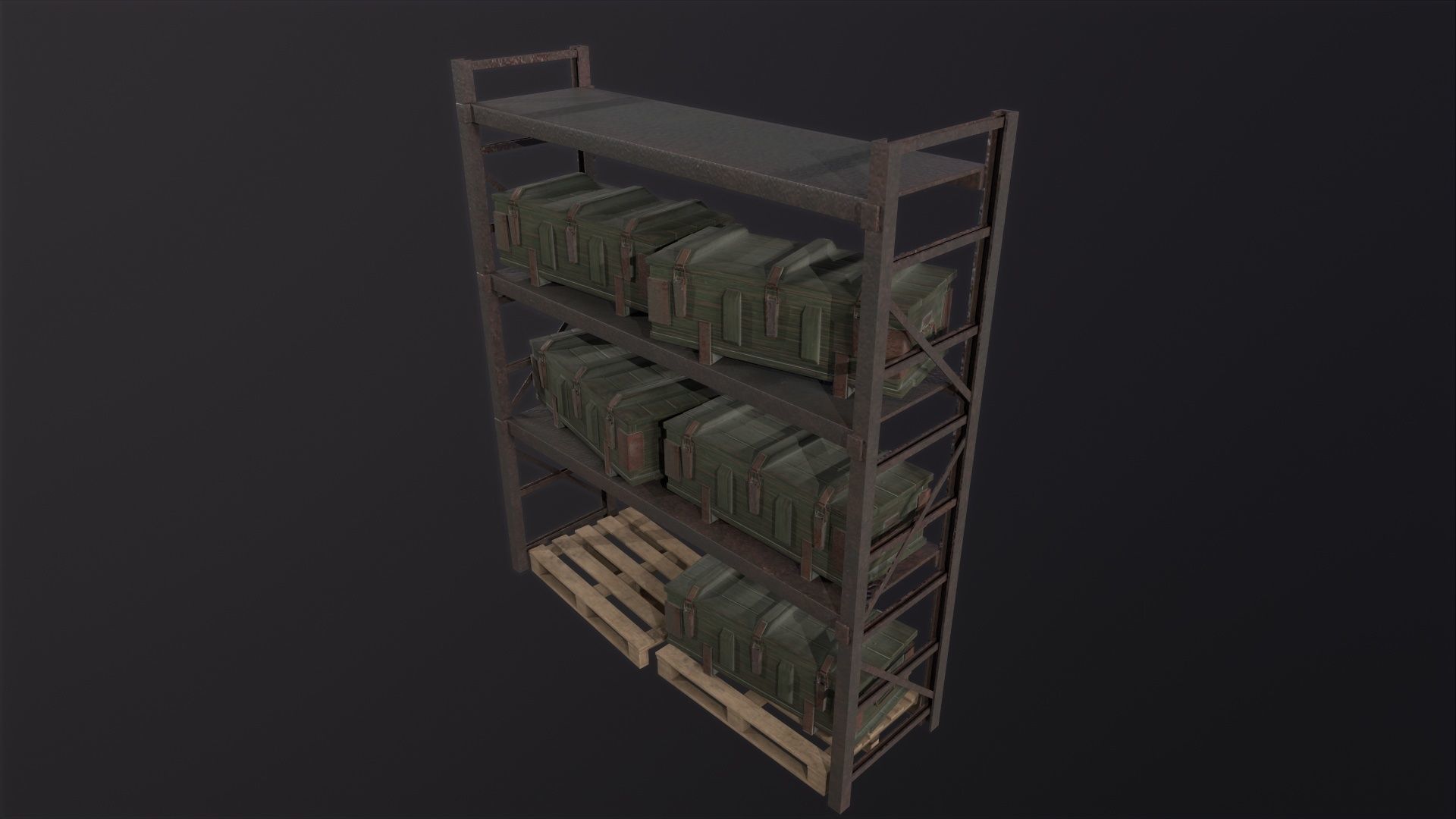 Iron shelf and military wooden box 3D Model Low-poly 3D model_3