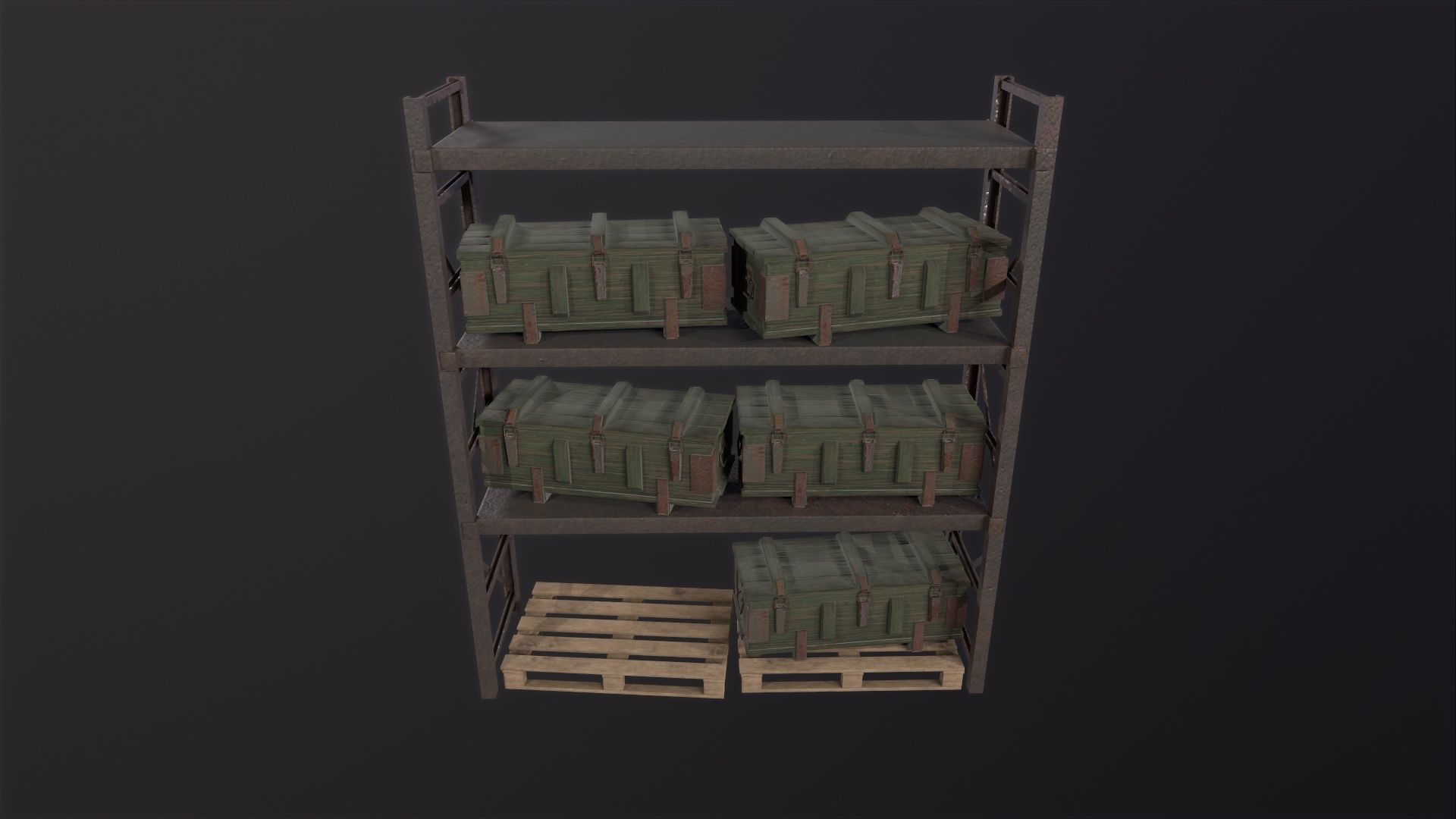 Iron shelf and military wooden box 3D Model Low-poly 3D model_2