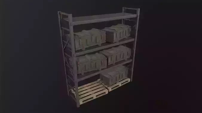 Iron shelf and military wooden box 3D Model