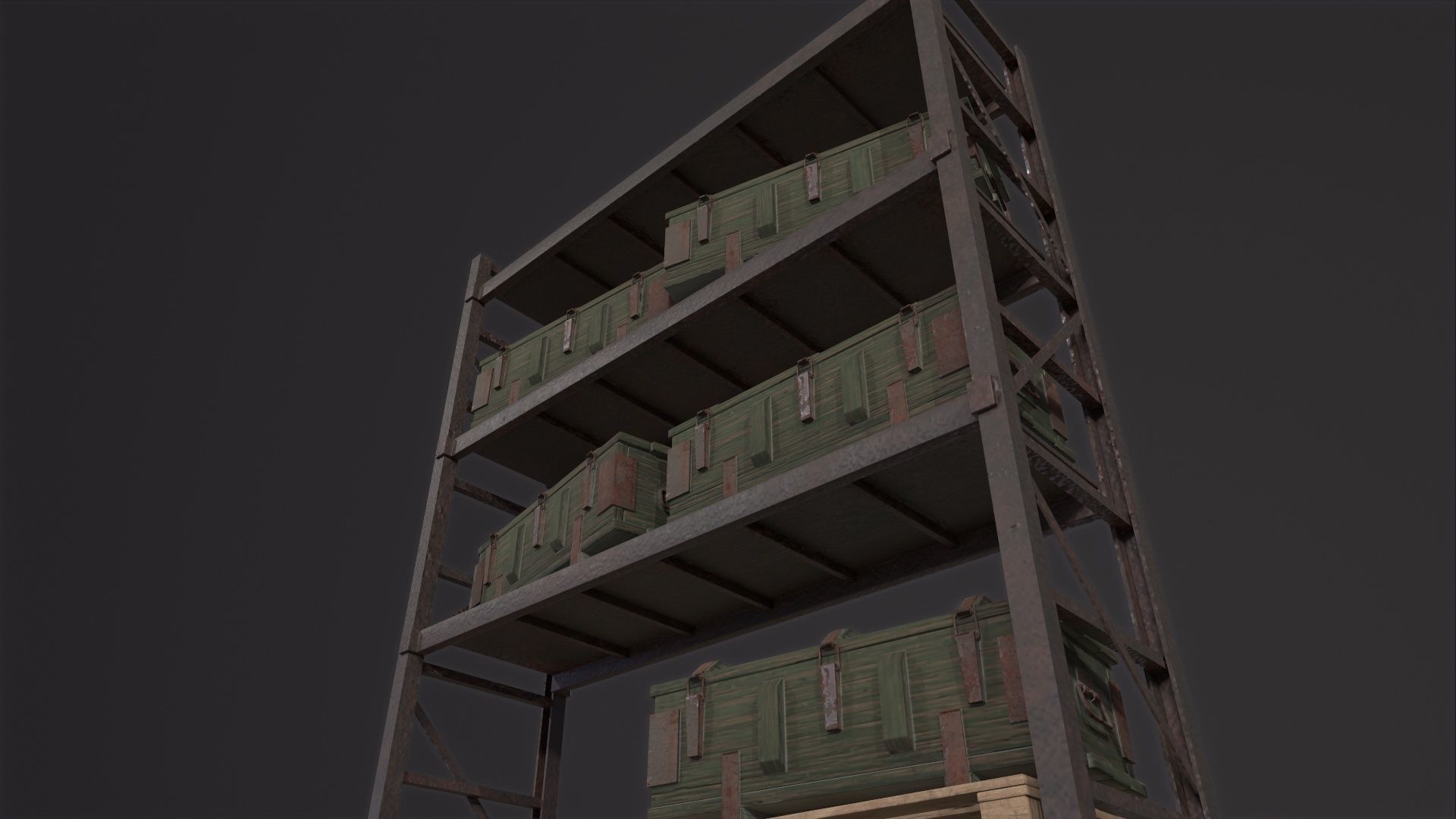 Iron shelf and military wooden box 3D Model Low-poly 3D model_4