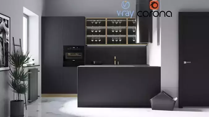 Veneered black kitchen 3D model
