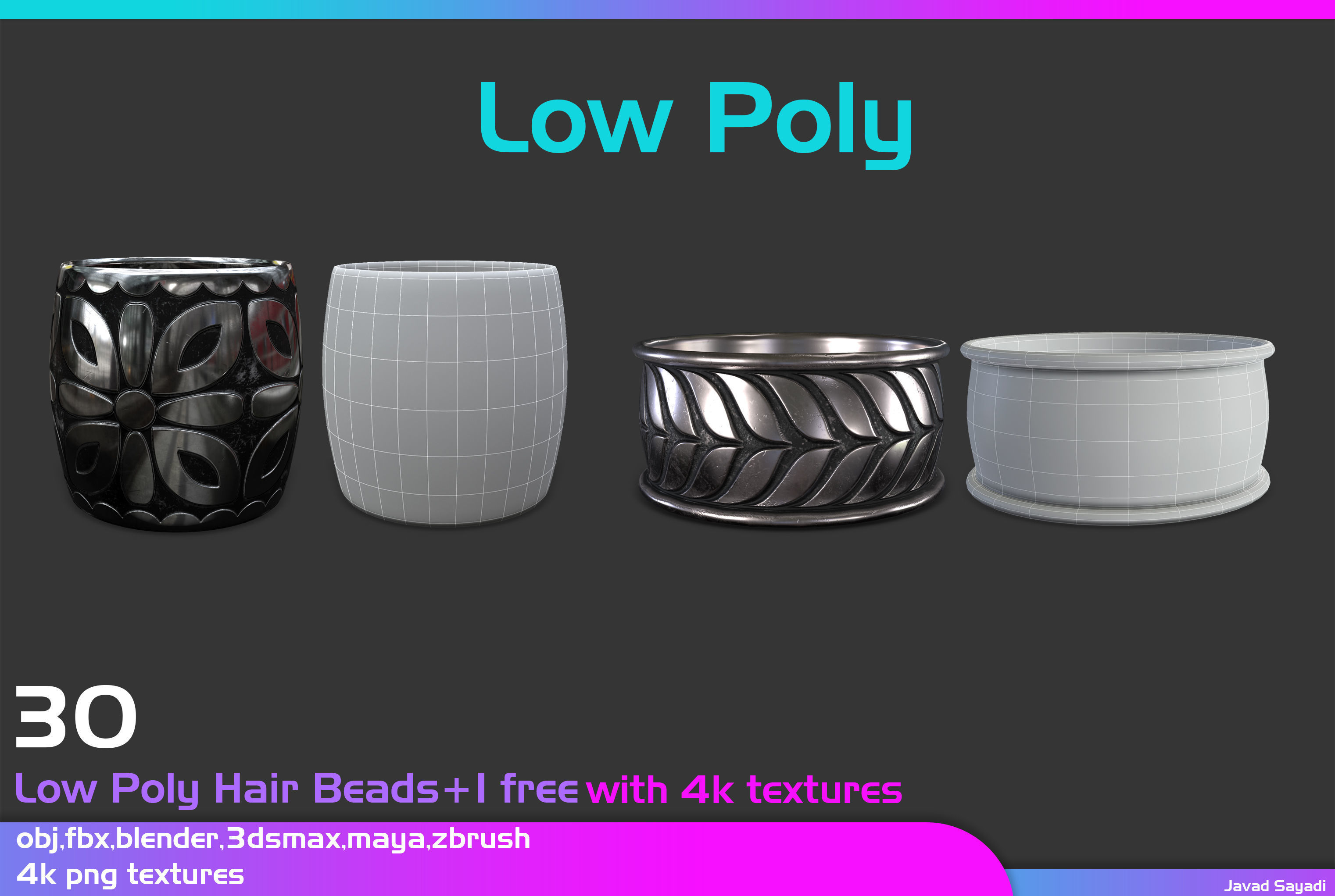 31 low poly hair beads Low-poly 3D model_5