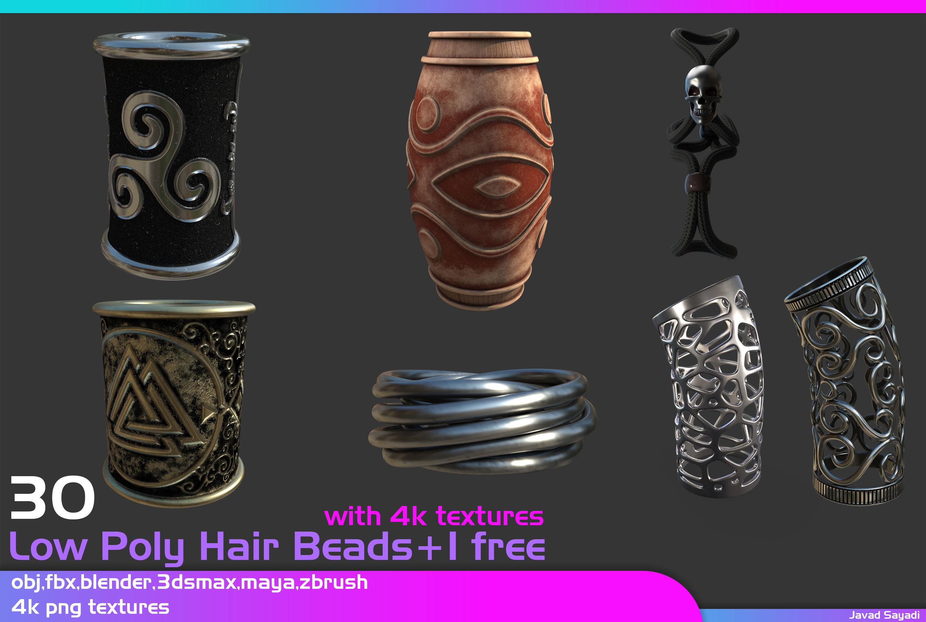 31 low poly hair beads Low-poly 3D model_3