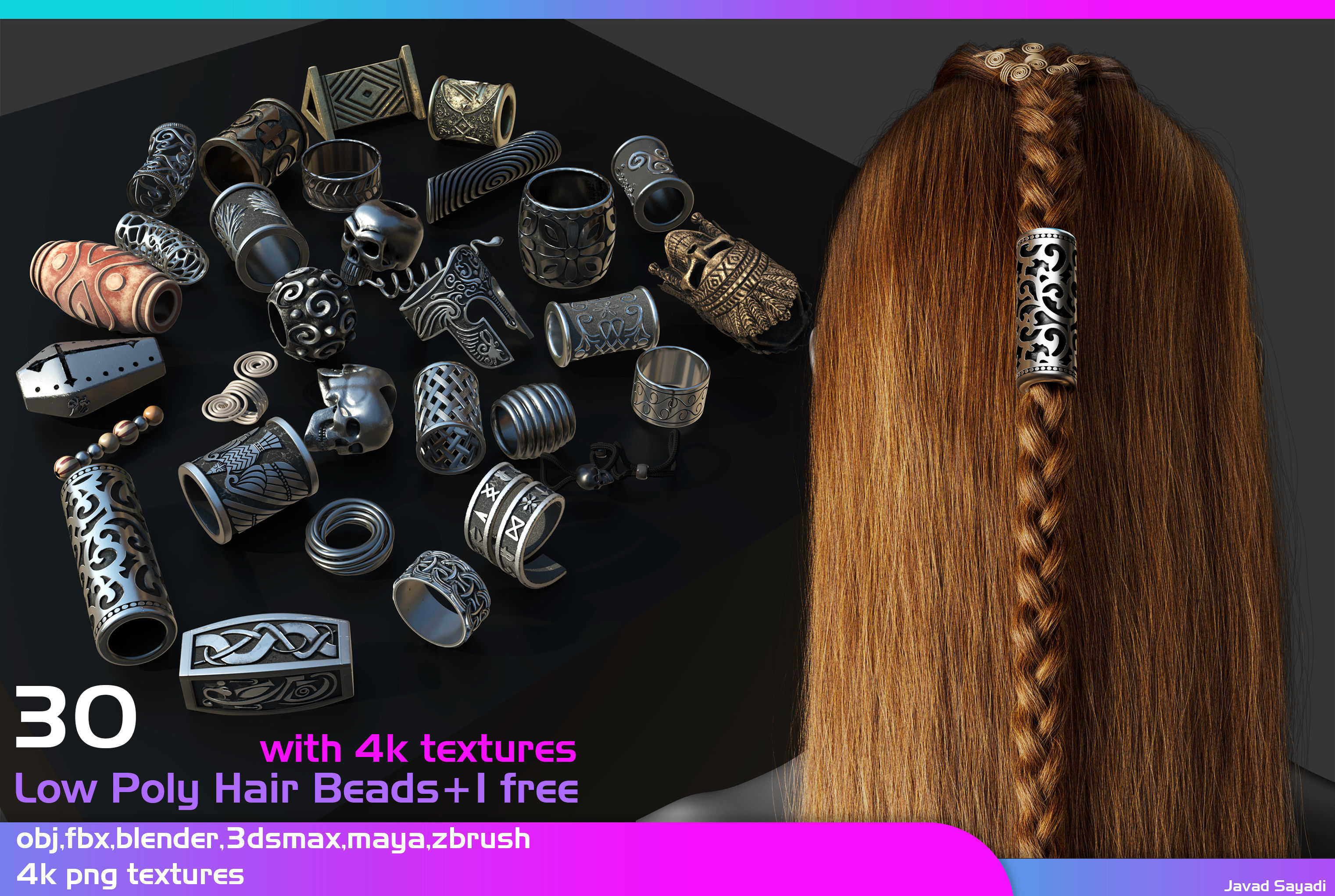 31 low poly hair beads Low-poly 3D model_1