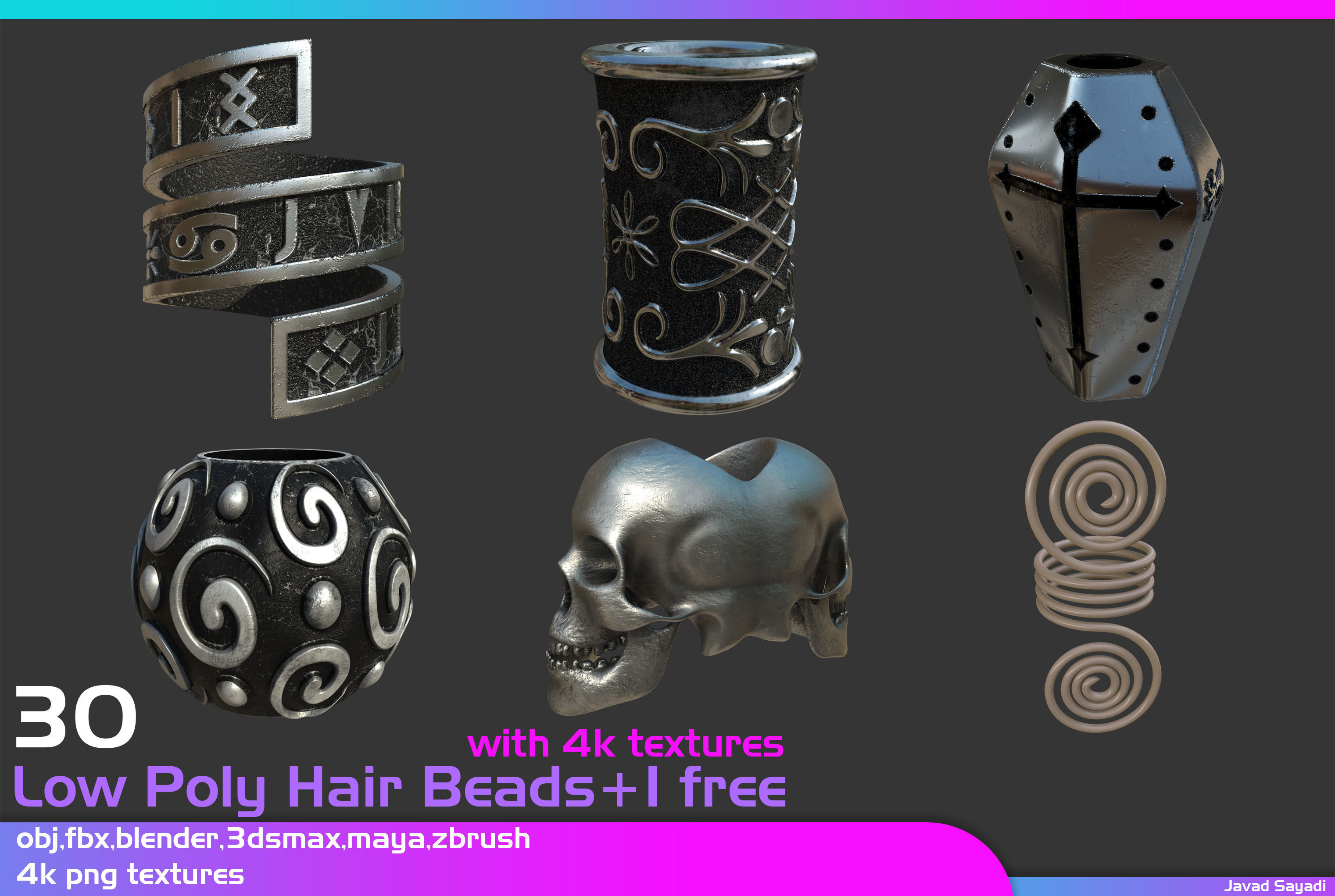 31 low poly hair beads Low-poly 3D model_6