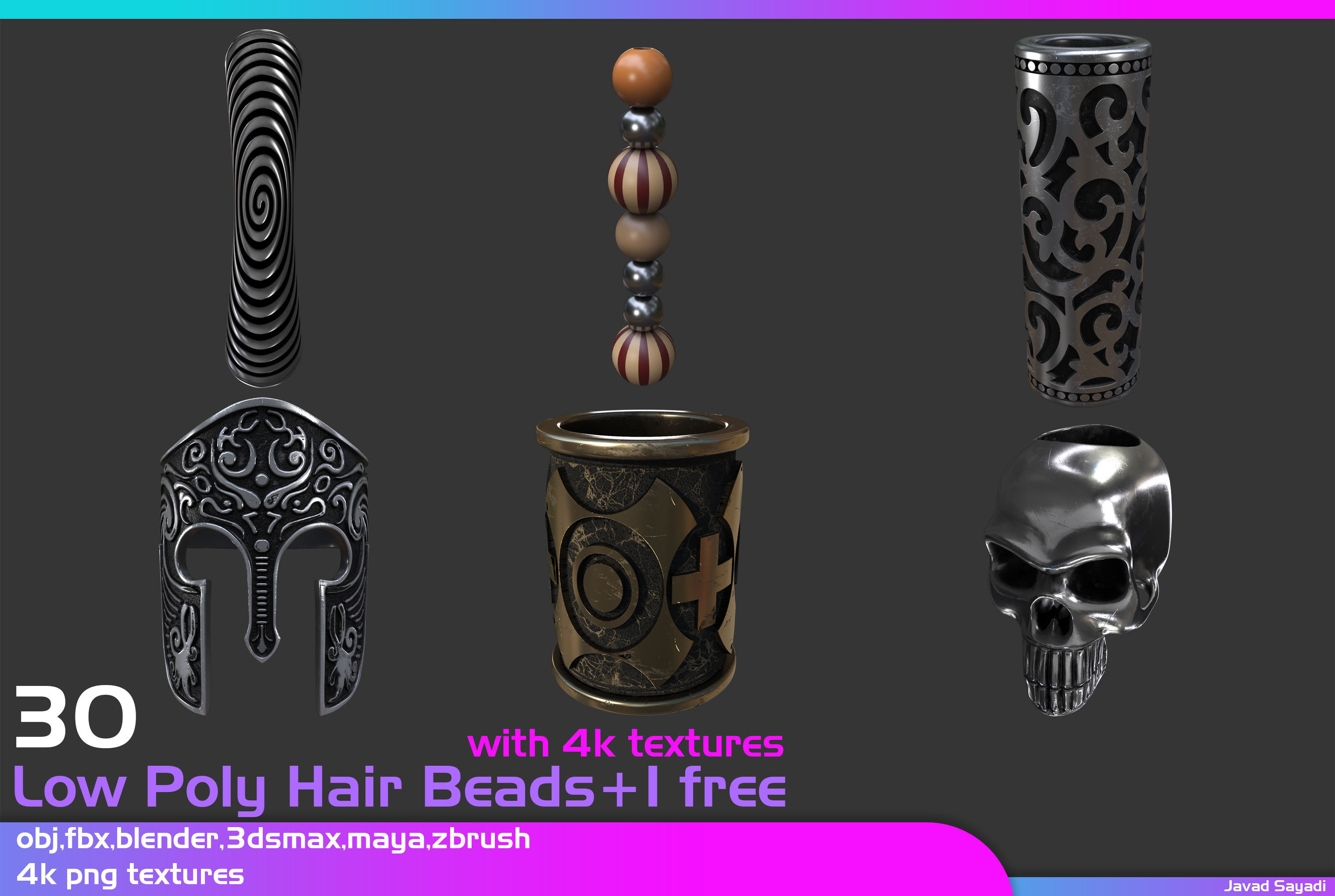 31 low poly hair beads Low-poly 3D model_2