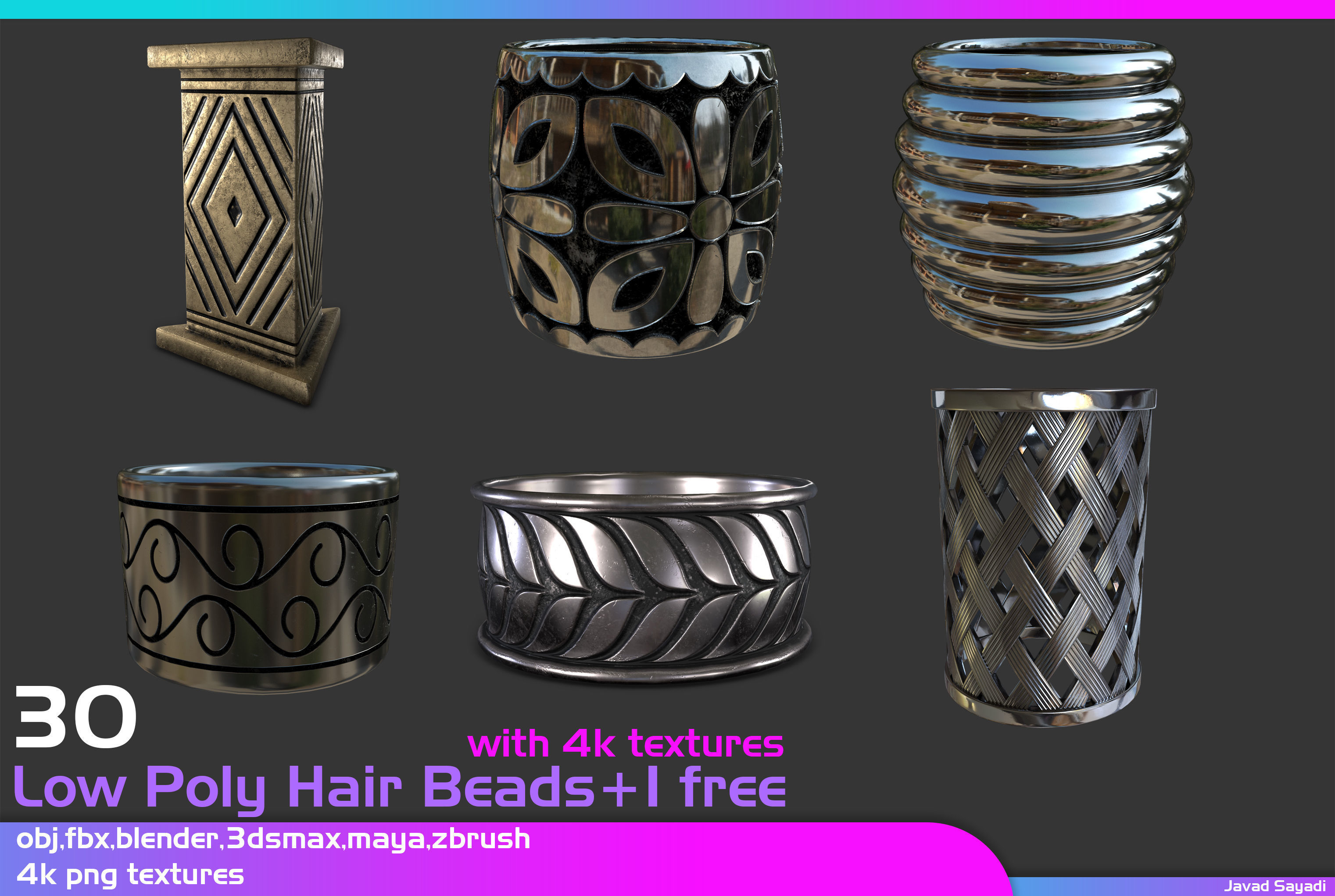 31 low poly hair beads Low-poly 3D model_4
